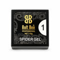 A square black box of Bolt Bee Professional Spider Gel, shade 1, featuring gold and white text and ornate patterns on a white background. USE IN NAIL ART EXTENTION