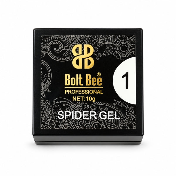 A square black box of Bolt Bee Professional Spider Gel, shade 1, featuring gold and white text and ornate patterns on a white background. USE IN NAIL ART EXTENTION