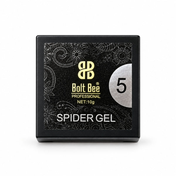 A square black box of Bolt Bee Professional Spider Gel, featuring a black label with gold and white text and graphics, including a silver circle with the number 5, on a white background. USE IN NAIL ART EXTENTION
