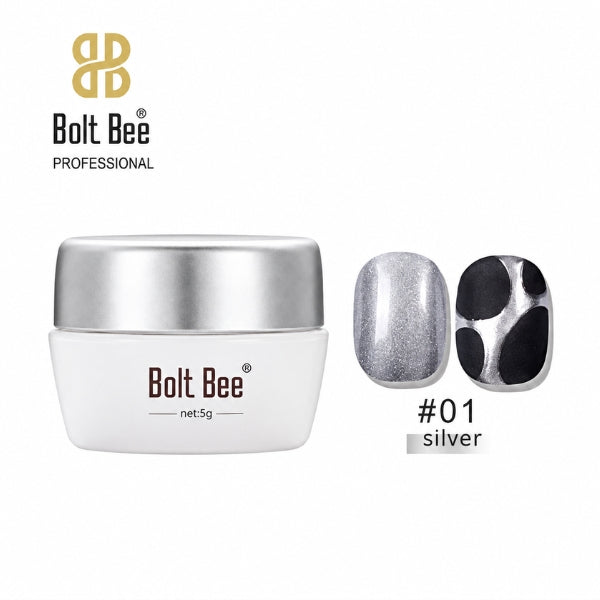 Bolt Bee Professional gel nail polish jar in silver shade #01, shown with two nail swatches demonstrating the metallic silver finish and a black-and-silver pattern effect. USE IN NAIL ART EXTENTION
