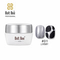Bolt Bee Professional gel nail polish jar in silver shade #01, shown with two nail swatches demonstrating the metallic silver finish and a black-and-silver pattern effect. USE IN NAIL ART EXTENTION