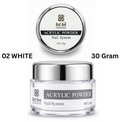 A jar of Bolt Bee Professional Acrylic Powder Nail System in shade 02 White, shown with its lid displayed above. The text '02 WHITE' and '30 Gram' are printed on the white background. USE IN NAIL ART EXTENTION