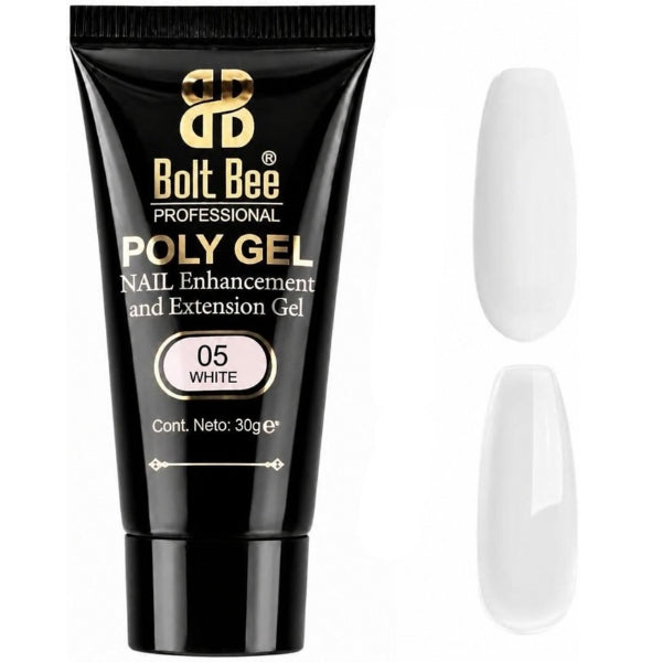 A black tube of Bolt Bee Professional Poly Gel nail enhancement and extension gel, shade 05 White, shown next to two white artificial nail tips on a plain white background. USE IN NAIL ART EXTENTION