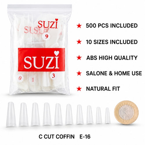SUZI E-16 C-cut coffin nail tips, 500-piece ABS set in 10 sizes with a natural fit for salon and home use.