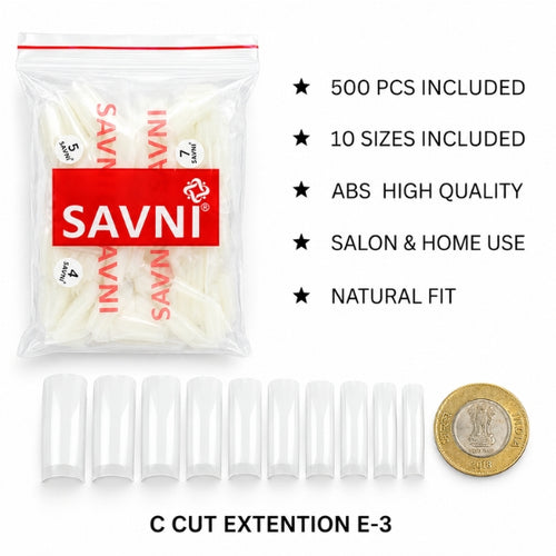 SAVNI C-Cut E-3 nail extension tips, 500 pieces in 10 sizes, made from ABS for a natural fit and salon or home use.