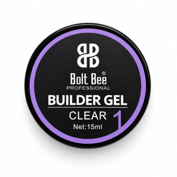 A round black tin of Bolt Bee Professional Builder Gel Clear 1, featuring a black label with a purple ring and white text, on a white background. USE IN NAIL ART EXTENTION