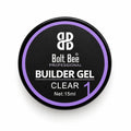 A round black tin of Bolt Bee Professional Builder Gel Clear 1, featuring a black label with a purple ring and white text, on a white background. USE IN NAIL ART EXTENTION