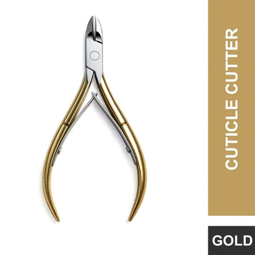 Cuticle nipper with curved gold-tone handles, silver-tone cutting jaws and a visible double-spring mechanism.