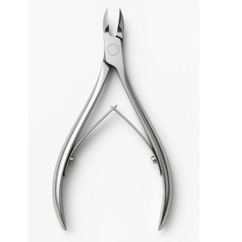 Silver-tone cuticle nipper with pointed cutting jaws, curved handles and a double-spring mechanism.