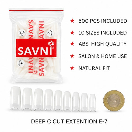 SAVNI E-7 deep C-cut nail extension tips, 500-piece ABS set in 10 sizes for a natural fit and salon or home use.