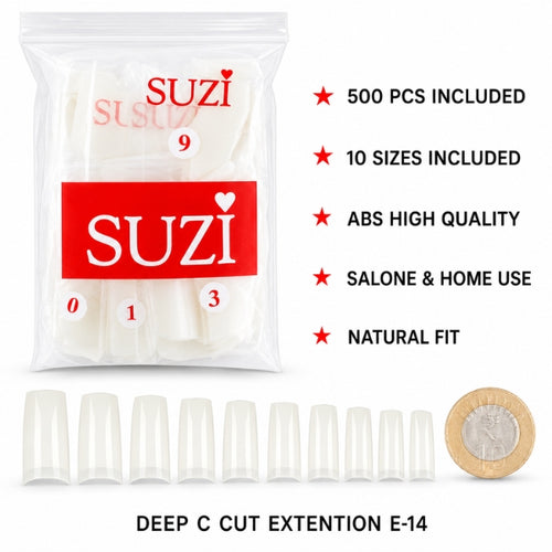 SUZI E-14 deep C-cut nail extension tips, 500-piece ABS set in 10 sizes with a natural fit for salon and home use.