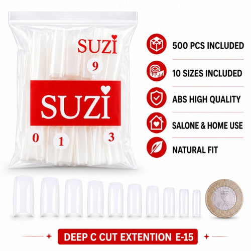 SUZI E-15 deep C-cut nail extension tips, 500-piece ABS set in 10 sizes with a natural fit for salon and home use.