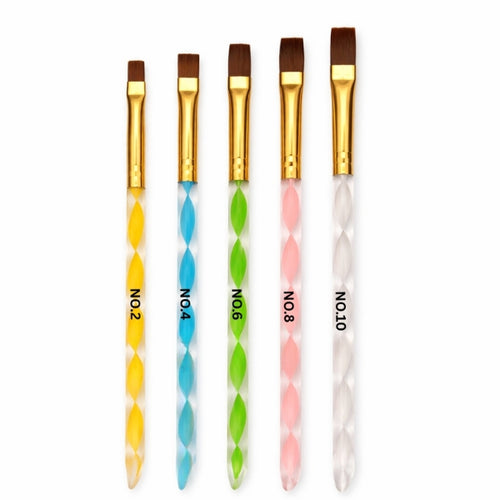 Flat acrylic nail brush set with five colourful spiral handles, gold ferrules and square tips, in sizes 2, 4, 6, 8 and 10.