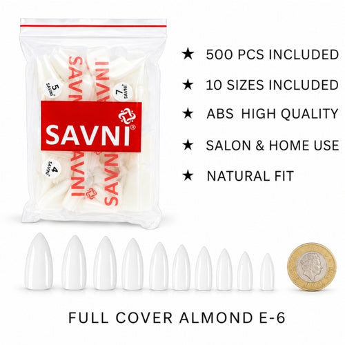 SAVNI E-6 full cover almond nail tips, 500-piece ABS set in 10 sizes with a natural fit for salon and home use.