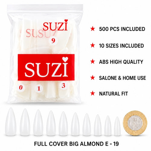 SUZI E-19 full cover big almond nail tips, 500-piece ABS set in 10 sizes with a natural fit for salon and home use.