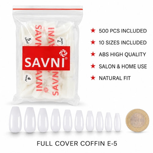 SAVNI E-5 full cover coffin nail tips, 500-piece ABS set in 10 sizes with a natural fit for salon and home use.