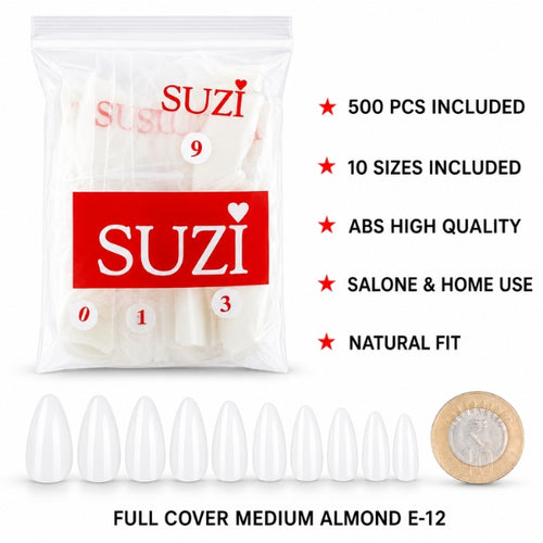 SUZI E-12 full cover medium almond nail tips, 500-piece ABS set in 10 sizes with a natural fit for salon and home use.