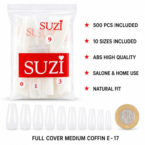 SUZI E-17 full cover medium coffin nail tips, 500-piece ABS set in 10 sizes with a natural fit for salon and home use.