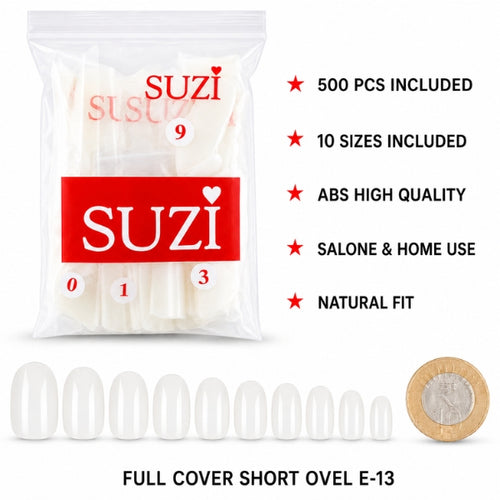 SUZI E-13 full cover short oval nail tips, 500-piece ABS set in 10 sizes with a natural fit for salon and home use.