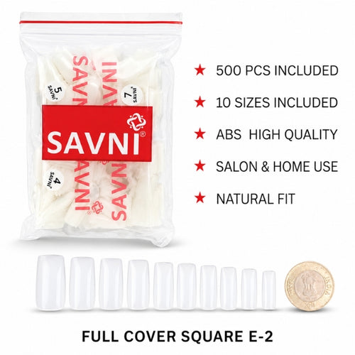 SAVNI Full Cover Square E-2 nail extension tips, 500 pieces in 10 sizes with a natural fit for salon and home use.