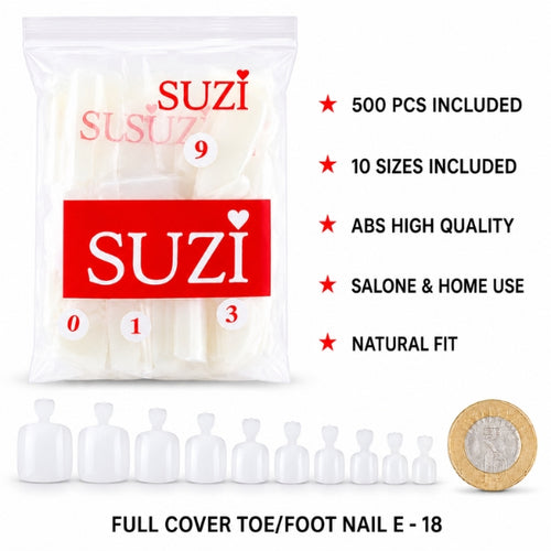 SUZI E-18 full cover toe nail tips, 500-piece ABS set in 10 sizes with a natural fit for salon and home pedicures.