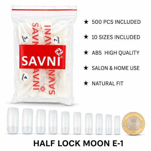SAVNI Half Lock Moon E-1 nail extension tips, 500 pieces in 10 sizes with a natural fit for salon and home use.
