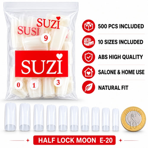 SUZI E-20 half lock moon nail tips set with 500 ABS tips in 10 sizes for salon and home application.