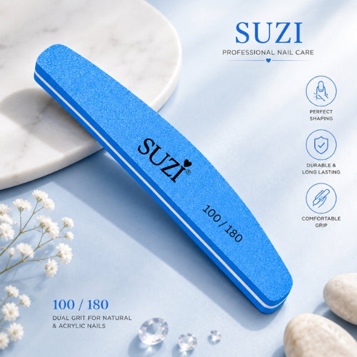 SUZI blue half moon nail buffer with a textured surface, white centre layer and printed 100/180 grit marking.
