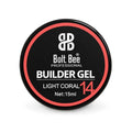 A round black tin of Bolt Bee Professional Builder Gel in shade 14 Light Coral, featuring a black label with a red ring and white text. USE IN NAIL ART EXTENTION
