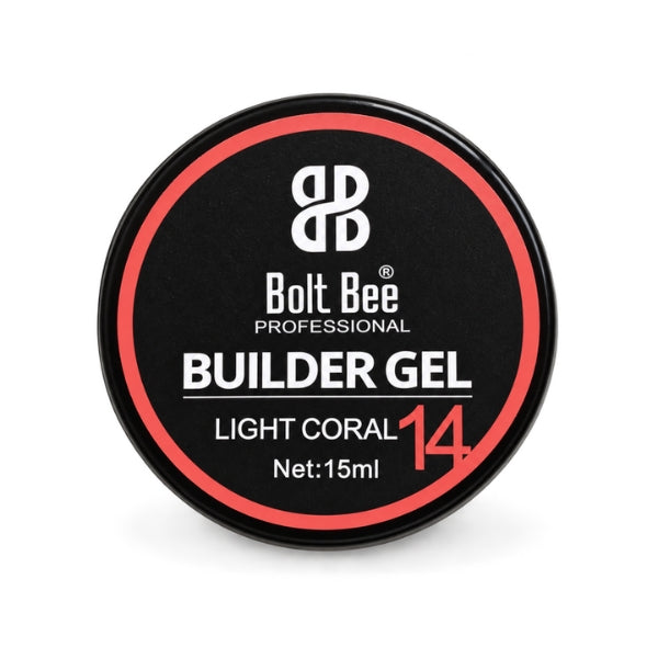 A round black tin of Bolt Bee Professional Builder Gel in shade 14 Light Coral, featuring a black label with a red ring and white text. USE IN NAIL ART EXTENTION
