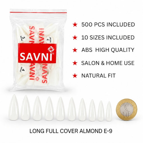 SAVNI E-9 long full cover almond nail tips, 500-piece ABS set in 10 sizes with a natural fit for salon and home use.