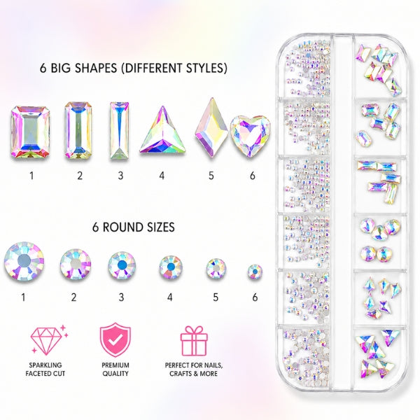 Nail art rhinestones arranged in 12 compartments with six round sizes and six assorted AB crystal shapes.