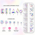 Nail art rhinestones arranged in 12 compartments with six round sizes and six assorted AB crystal shapes.
