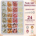 A clear plastic organizer tray filled with 24 assorted nail art rhinestones in multiple colors, sizes, and finishes, shown on a light beige background with product feature callouts.