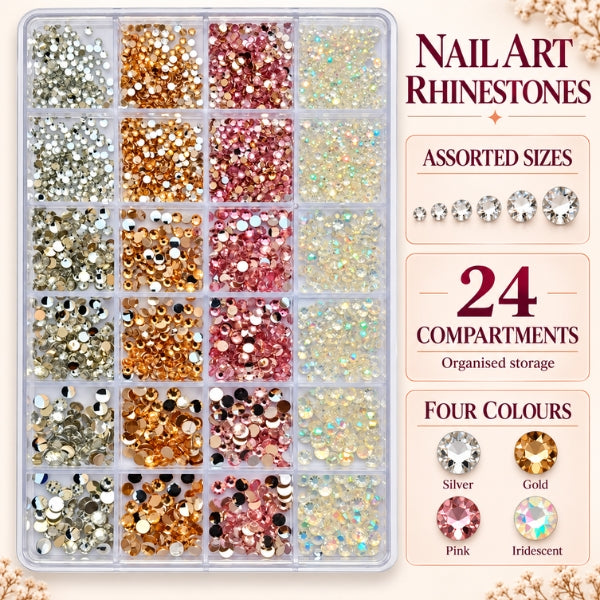A clear plastic organizer tray filled with 24 assorted nail art rhinestones in multiple colors, sizes, and finishes, shown on a light beige background with product feature callouts.