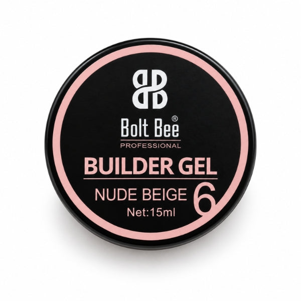 A round black container of Bolt Bee Professional Builder Gel in shade Nude Beige 6, featuring a black and pink label on a white background. USE IN NAIL ART EXTENTION