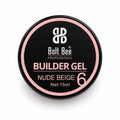 A round black container of Bolt Bee Professional Builder Gel in shade Nude Beige 6, featuring a black and pink label on a white background. USE IN NAIL ART EXTENTION