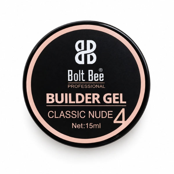 A round black container of Bolt Bee Professional Builder Gel Classic Nude 4, featuring a black lid with a pale pink circular border and white and pink text, set against a plain white background. USE IN NAIL ART EXTENTION
