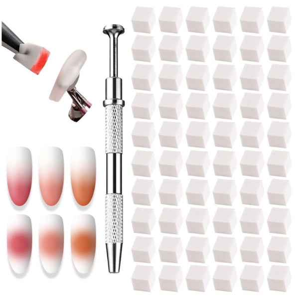White cube-shaped ombre nail art sponges with a silver-tone picker pen, shown alongside gradient nail designs.