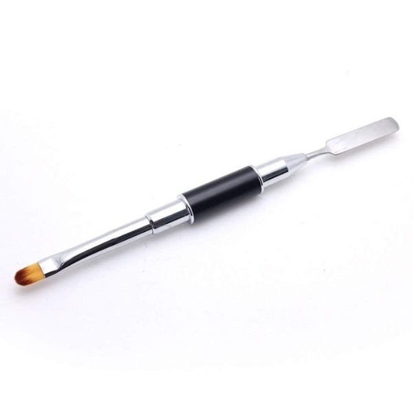Polygel brush with brown bristles, a black centre grip and a flat silver-tone spatula at the opposite end.