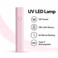 A light pink cylindrical UV LED lamp with a single circular button, shown next to product specifications on a white background with soft pink curved accents.