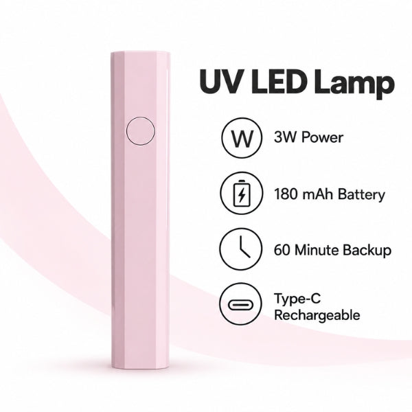 A light pink cylindrical UV LED lamp with a single circular button, shown next to product specifications on a white background with soft pink curved accents.