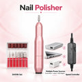 Pink portable USB nail drill and polisher with drill bit set, variable speed controller and multiple power options.
