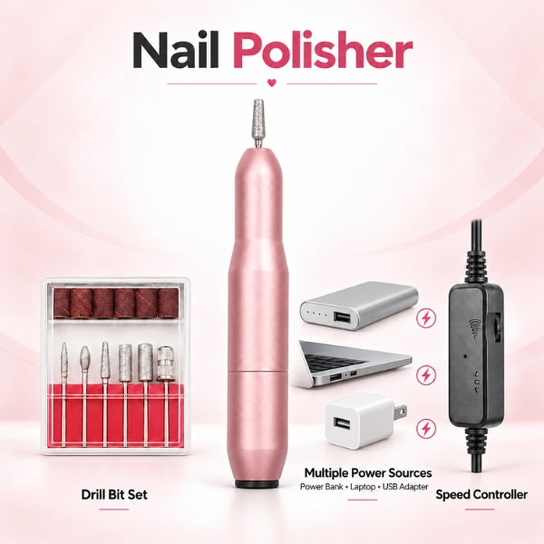 Pink portable USB nail drill and polisher with drill bit set, variable speed controller and multiple power options.