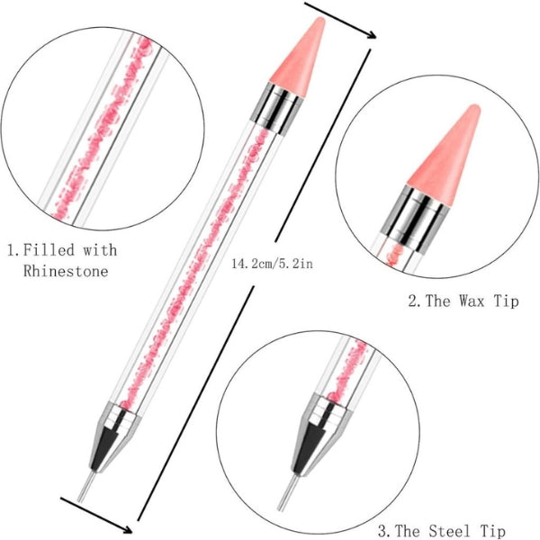 Rhinestone picker pen with a pink wax tip, fine steel tip and a clear handle filled with pink decorative crystals.