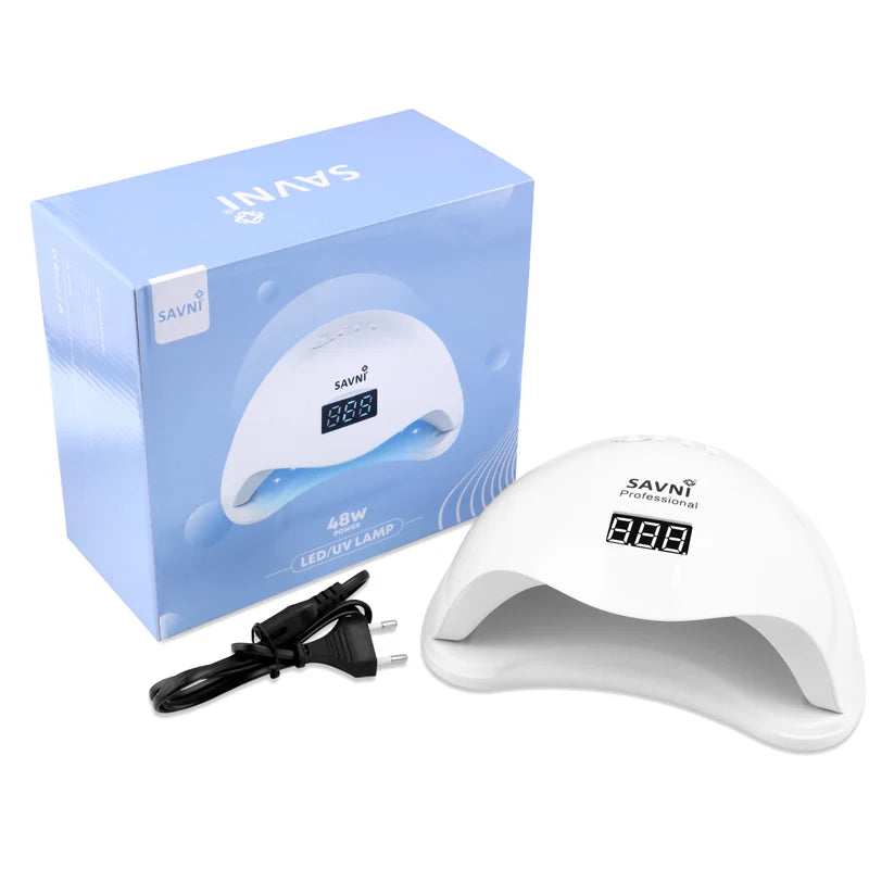 A white SAVNI LED UV lamp shown next to its blue retail box and a black power cord on a clean white background.
