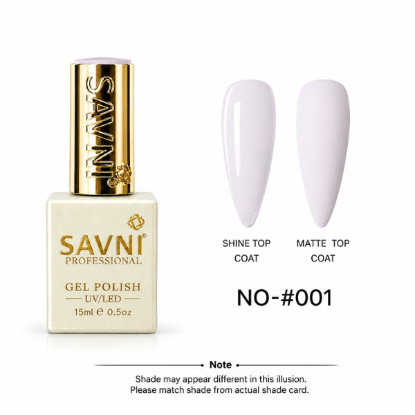 A bottle of SAVNI Professional Gel Polish in shade NO-#001, shown next to two artificial nail tips displaying the glossy and matte top coat finishes. The bottle is cream-colored with a metallic gold cap, and the background is solid white.
