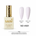 A bottle of SAVNI Professional Gel Polish in shade NO-#001, shown next to two artificial nail tips displaying the glossy and matte top coat finishes. The bottle is cream-colored with a metallic gold cap, and the background is solid white.