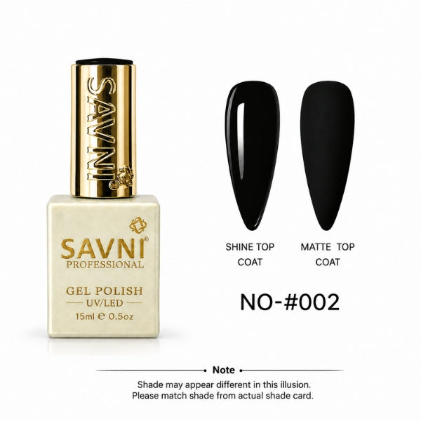 SAVNI Professional Gel Polish bottle in shade NO-#002, shown alongside two black artificial nail tips demonstrating the shine and matte top coat finishes on a white background.