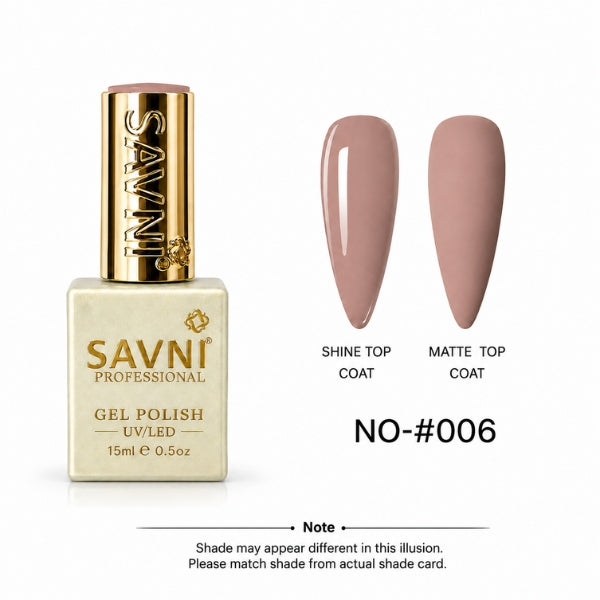 SAVNI Professional Gel Polish bottle in shade NO-#006, shown next to two almond-shaped nail swatches displaying the glossy shine top coat and matte top coat finishes.
